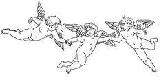 three cherubs flying in the sky with their wings spread out, and one is holding