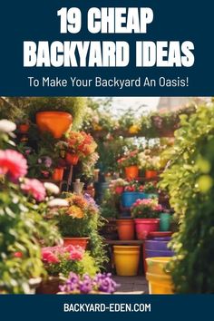 an outdoor garden with lots of potted plants and the words, 19 cheap backyard ideas to make your backyard an oasis