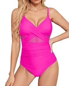 Flaunt your curves in this tummy control push up one piece swimsuit featuring a sexy cutout mesh front and adjustable spaghetti straps.Features: Swimwear Type: one piece Style: tropical, sexy Fabric: 85% polyester, 15% spandex Closure: buckle closure Neckline: v neck Strap Type: adjustable spaghetti straps Back Style: backless Color: neon pink Decoration: ruched, twist front, mesh Bottom Style: high cut Garment Care: hand wash only Cross Swimsuit, Tropical Bathing Suits, Affordable Swimwear, Pink One Piece, Spandex Top, Best Swimsuits, Elegant Feminine, Suit Fabric, Swimsuit Fashion