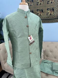 **Visit our store for full collection: https://www.etsy.com/shop/DesiGiftsUSA ** * This 3 Piece Kurta Pajama Set is a luxurious choice for special occasions. It features a stylish Embroidered Sequins Jacket, Kurta and Trouser pant. Get ready to impress in this classic and timeless attire! * Feel confident and look your best with Kurta Pajama with Jacket style Set * Ready to wear for any occasions such as Diwali, House Warming, Pooja, Ramadan, Eid. * Kurta color : Pista Green shade (See item pic Kurta Pajama With Jacket, Eid Kurta, Sequins Jacket, Mens Indian Wear, Sequin Pant, Pista Green, Silk Design, Waist Coat, Kurta Pajama