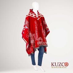 Alpaca Wool Poncho for Men Ethnic Style, Men's Poncho. - Material: Soft and lightweight alpaca wool. - Design: Geometric patterns, ethnic style. - Size: One size fits all, with dimensions of 50 inches long and 38 inches wide. - Made in Peru. Discover the essence of the Andes with our exquisite ponchos! Its classic alpaca wool texture and smooth weaves enhance the soft and warm elegance of this fiber, perfect for both men and women. This versatile Peruvian alpaca wool poncho combines medium-weigh Traditional Red One-size Poncho, Red Bohemian Poncho Cape, Traditional Red Poncho For Fall, Bohemian Red Shawl Cape, Red Bohemian Cape Poncho, Red Bohemian Shawl Cape, Traditional Red Shawl Poncho, Traditional Red Fall Poncho, Red Shawl Poncho For Festival