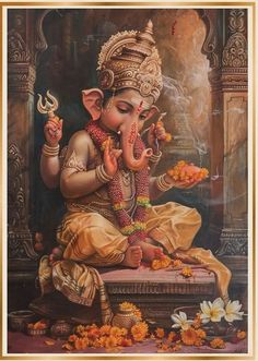 an image of lord ganesha sitting on a bench with flowers in front of him