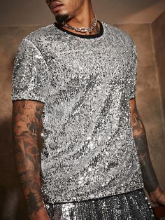 Silver Casual Collar Short Sleeve Knitted Fabric Plain  Embellished Non-Stretch  Men Clothing Burlesque Party, Rave Shirts, Silver Sequin Top, Silver Bling, Glitter Dress, Tee Shirt Homme, Sequin Top, Dress Code