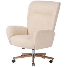 an office chair with wheels on the back and seat upholstered in beige fabric