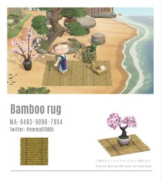 an advertisement for bamboo rugs on the beach with flowers and trees in front of it