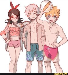 three people standing next to each other wearing swimsuits and shorts with bunny ears on their head