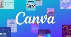 the words canva are surrounded by many different types of books on a blue and purple background