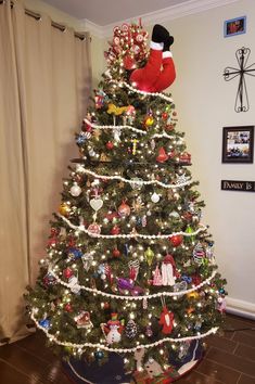 a decorated christmas tree in the corner of a room with pictures on the wall behind it