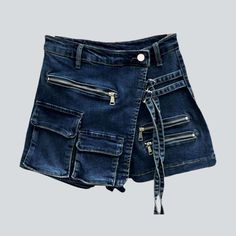 Make a bold modern statement with the 2023 Summer Collection's irregular retro women's denim skirt! Crafted with premium quality denim. this mid-waist mini skirt features a unique patchwork pattern with a zipper & button closure for a look that is both edgy and sophisticated.Why You Need It Grunge Elegance: A perfect blend of contemporary fashion and grunge nostalgia. Distinctive Pattern: Expertly crafted wear and tear for a raw. unfiltered essence. Slim Fit: Designed to hug your silhouette whil Asymmetrical Denim Skirt With Pockets, Edgy High-waisted Denim Skort, Edgy Mini Length Denim Skirt, Edgy Denim Mini Skort, Edgy Mini Denim Skirt, Trendy Dark Wash Skirt With Button Zip Fly, Edgy Mini Length Denim Bottoms, Edgy Denim Mini Length Bottoms, Edgy Denim Mini Bottoms