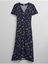 Button-Front Midi Dress | Gap Factory V-neck Rayon Midi Dress With Buttons, Navy Floral, Petite Size, Wearing Black, Ruffles, Gap, Short Sleeve Dresses, Floral Prints, Short Sleeves