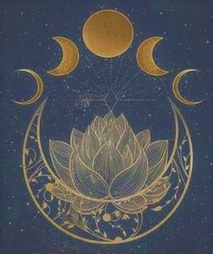 the moon and lotus symbol in gold on a blue background