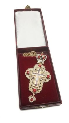 Pectoral Cross Red Zircons Crystallized Gold plated Clergy Pectoral Cross with red crystallized glass elements, Jesus Christ, and a long gold chain. Beautiful 18k Gold Plated Cross With Long 20" Long Chain Necklace Hangs for the Perfect Pendant Length. Cross Pendant Length (H X W) :15 cm x 7.5 cm / 5.9" x 3", Chain size: 23" Packed in beautiful gift box with velvet base to provide extra protection. Christian priest bishop Cross can be hanged at home or used at Church. The Cross combined with a l Red Gold Chain Metal Jewelry, Red Metal Jewelry With Gold Chain, Ceremonial Red Metal Jewelry, Pectoral Cross, Religious Ceremony, Long Chain Necklace, Spiritual Gifts, Living Life, Long Chain