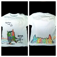 two t - shirts that have been drawn with colored pencils, one has an owl and the other has a mountain