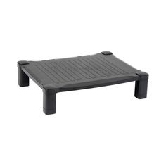 a black plastic coffee table with one foot on the top and two legs on the bottom