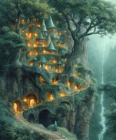 a painting of a fairy castle with stairs leading up to it