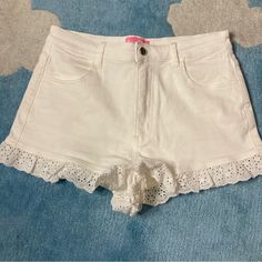 Cute Usa Size Large White Shorts From Sugar Thrillz With Eyelet Details. Perfect For Coquette Outfits Or Summer Wear~ Nwot Never Worn, They Didn't Fit Lol High Waist Bottoms With Lace Trim For Spring, Cute Lace Trim Bottoms For Spring, Summer Stretch Bottoms With Lace Trim, Stretch Bottoms With Lace Trim For Summer, Cute White High Waist Bottoms, Feminine Fitted Cotton Shorts, Fitted Casual Shorts With Lace Trim, Fitted Feminine Cotton Shorts, Cute White Short Length Shorts