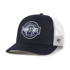 the penn state trucker hat in navy and white is shown on a white background