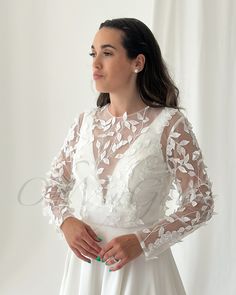 Follow us:  Instagram : Ohmygownstore Pinterest :  OhMyGown! Lace topper with Long sleeves. Modern Bridal Top. embellished Top. Lace Cover up. Wedding Separates Floral bride top , tulle top Lace Bodice Tulle Mother Of The Bride Dress, Tulle Wedding Dress With Illusion Neckline, White Bridesmaid Wedding Dress With Lace Sleeves, White Bridesmaid Dress With Lace Sleeves, Illusion Neckline Tulle Wedding Dress, Long Sleeve Lace Wedding Top, Wedding Tops With Lace Long Sleeves, Wedding Dress With Lace Top And Fitted Bodice, White Wedding Dress With Sheer Bodice For Bridesmaid