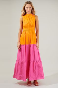 Riley Halter Maxi Dress Long Tiered Skirt, Halter Maxi, Ruched Bodice, Halter Maxi Dresses, Orange Black, Pink And Orange, Bodice, Fitness Models, Dress Up