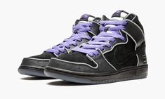 Black, white and purple suede and leather Nike Dunk High Elite SB sneakers from Nike. Purple Leather Lace-up Custom Sneakers, Purple Leather Sneakers With Gum Sole, Purple High-top Sneakers With Rubber Sole For Streetwear, Purple Streetwear Sneakers With Contrast Sole, Sporty Purple Leather High-top Sneakers, Purple Suede Sneakers With Round Toe, Purple Suede Lace-up Sneakers, Sporty Purple Skate Shoes With Laces, Mid-top Purple Leather Sneakers