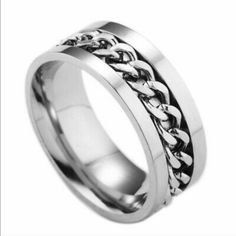 Center Chain Spins Around Ring. Silver Stainless Steel Rings With Chain Detail, Silver Stainless Steel Chain Rings, Mens Stainless Steel Rings, Casual Rings, Ring Man, Titanium Ring, Style Punk, Spinner Rings, Couple Rings