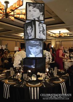 a black and white table with pictures on it