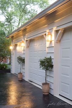 three potted plants in front of two white garage doors with lights on the side