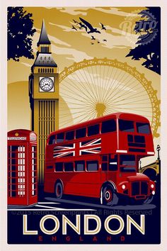 a red double decker bus driving past a ferris wheel and clock tower in london, england