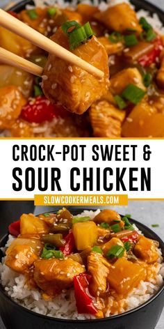 crock - pot sweet and sour chicken with chopsticks over rice in a black bowl