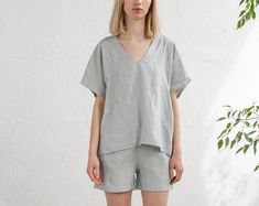 Etsy :: Your place to buy and sell all things handmade Spring Relaxed Fit Pajama Shorts For Home, V-neck Tops For Summer Relaxation, Cotton V-neck Relax Fit Sets, Relaxed Fit Cotton V-neck Sets, Casual V-neck Sleepwear For Home, Casual V-neck Sleepwear, Relaxed V-neck Top For Loungewear, Relaxed Fit V-neck Sleep Tops, Relaxed Fit V-neck Sleepwear