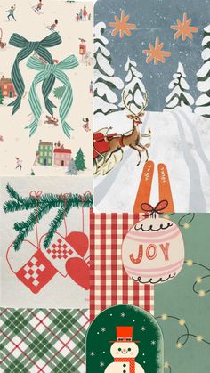 four different christmas cards with snowmen and trees