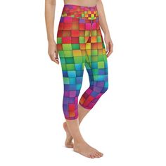 Wow we have some amazing leggings for you! If you are looking for colorful, fun, amazing, happy and cheerful, the Gearbunch Rainbow Blocks Yoga Capris are a must have in your wardrobe.   The rainbow design of pink, purple, green, blue, red. yellow and orange with black detail will brighten your day every time you put these capri leggings on.  The firm fitting, soft and stretchy fabric and wide waistband make these capri leggings perfect for evening runs, gym workouts, CrossFit, yoga and all your Multicolor Athleisure Pants For Gym, Casual Multicolor Workout Bottoms, Casual Multicolor Activewear For Workout, Multicolor Athleisure Yoga Pants For Workout, Multicolor Workout Leggings In Athleisure Style, Trendy Multicolor Gym Bottoms, Fun Multicolor Pants For Spring, Multicolor Casual Gym Pants, Playful Fitted Workout Bottoms