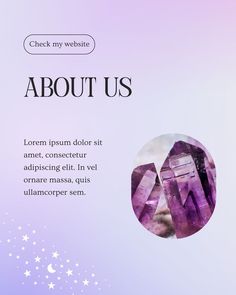 an advertisement with the words about us in white and purple colors on a blue background