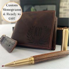 This personalized genuine leather wallet gift box is a thoughtful custom gift set for anniversaries, weddings, birthdays, holidays, and more. It's a perfect unique gift idea for any occasion! 𝐃𝐄𝐓𝐀𝐈𝐋𝐒 🎁Genuine top grain leather wallet with personalization and RFID protection 🎁Personalized genuine leather keychain 🎁Brass and maple wood luxury ballpoint pen 🎁Gift box with ribbon 𝐇𝐎𝐖 𝐓𝐎 𝐎𝐑𝐃𝐄𝐑 1. For the front of the wallet, choose a design option (1-9) from our monogram styles and enter the initials you want engraved. (For custom designs such as a family photo or company logo, select 'Custom Front+Inside', send us the photo/file, and we will send a mockup for your approval. If we don't hear back within 4 business days, we'll center the image on the front of the wallet and Elegant Brown Wallet Perfect For Gift, Gift Box For Husband, Customizable Leather Wallets As Gifts, Bifold Wallet With Engraved Logo As Gift, Custom Rectangular Wallets As Gifts, Classic Personalized Wallets, Father's Day Gift Wallet, Classic Personalized Rectangular Wallet, Engraved Bifold Wallets As Gifts