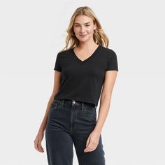 Women's Shrunken Short Sleeve V-Neck T-Shirt - Universal Thread™ Black XS Cotton V-neck T-shirt For Fall, Target Clothes, Target Finds, Black Xs, Blank Canvas, Universal Thread, Same Day Delivery, Plus Size Outfits, Fitness Fashion