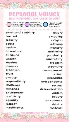 a pink and white poster with words that say personal value, how important are these to you?