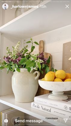 a white vase filled with flowers and lemons sitting on top of a book shelf