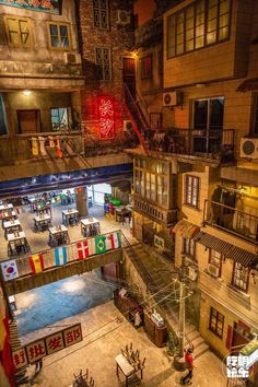 an overhead view of a city street at night