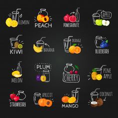 the different types of fruits and juices are shown in this graphic style on a black background