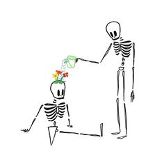 a drawing of a skeleton holding a vase with flowers in it