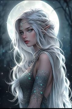 a woman with long white hair standing in front of a full moon