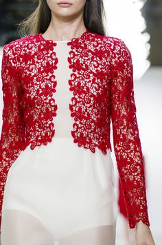 ♥ Vest Designs, Giambattista Valli, Lace Fashion, White And Red, Red Lace, Couture Collection, Crochet Fashion, Red Fashion, Fashion Details