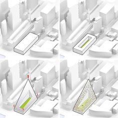 four different views of a city with buildings and green lines on the ground, from top to bottom