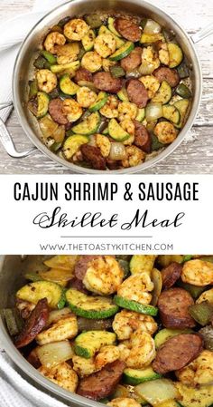 cajun shrimp and sausage stir - fry with zucchini in a skillet