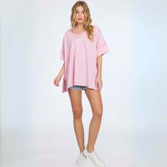 Proudly Made in USA This 100% USA cotton oversized v-neck tee is stylish and comfortable. The mineral wash gives it a unique look while the raw edge detail adds texture. Made in the USA with high quality materials, it is designed to last and offers a slouchy and long fit for ultimate comfort. Mineral Washed Oversized V-Neck Tee Raw Edge Detail Very Oversized & Slouchy Long Length Super Cute Pink Color 100% USA Cotton High Quality - Made in Last Medium Weight Made in USA Size Info: Model is weari Boho Brand, Dressy Pants, Sleeveless Tshirt, Dressy Tops, Short Rompers, Knee Length Dresses, Event Dresses, Flare Pants, Sweater Weather