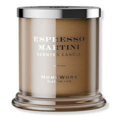 a candle that is sitting on top of a white surface with the words, espresso martinii scented candle