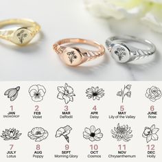 Our Customized birth flower ring makes the perfect trendy gift for your mother, sister, grandparent, bridesmaid, close friend, Each personalized premium quality ring can be personalized with 1-5 birthflowers. We offer 12 different kinds of birth flowers. Material :- 925 STERLING SILVER Pls check your ring size before purchasing. Thank you so much! Flowers Number: each ring can fit: 1-5 birth flowers January ★ Snowdrop ★ - Admiration, love, hope, rebirth February ★ Violet ★ - Faithfulness, humility, spiritual wisdom and young love March ★ Daffodil ★ - New beginnings, prosperity April ★ Daisy ★ - Purity, innocence, blissful pleasure May ★ Hawthorn ★ - Happiness, hope, and faith June ★ Rose ★ - Romance, happiness July ★ Water Lily ★ - Pleasure, peace August ★ Poppy ★ - Strength of character I Flowers January, January Snowdrop, February Violet, Close Friends, Flower Jewelry, Birth Flower, Birth Month, Trendy Gift, Birth Flowers