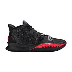 Find NIKE Kyrie 7 'bred on Editorialist. The Nike Kyrie 7 ‘Bred’ delivers an essential colorway of Kyrie Irving’s seventh signature shoe, featuring a breathable black mesh upper enlivened with sharply contrasting accents in University Red. In lieu of the midfoot strap utilized on the Kyrie 6, this model uses TPU ‘fingers’ integrated into the lacing system for improved lockdown. The chassis is mostly unchanged from the older shoe, highlighted by a forefoot Air Zoom Turbo unit and a curved outsole for banking traction. Irving Shoes, Kyrie Irving Shoes, Kyrie 7, Kyrie 6, Old Shoes, Kyrie Irving, Nike Kyrie, Air Zoom, Black Mesh