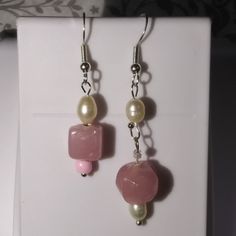 Pink Cloudy Handblown Glass Beads With Fresh Water Pearls Mismatched Earrings. Handcrafted And One Of A Kind. Elegant Adjustable Heart Beads Earrings, Elegant Heart Beads Earrings, Gold Daisy Earrings, Kitten Earrings, Honey Bee Earrings, Planet Earrings, Rabbit Earrings, Witch Earrings, Minimalist Earrings Gold