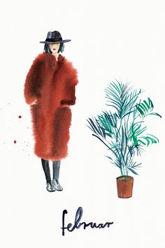 a drawing of a woman in a fur coat and hat next to a potted plant